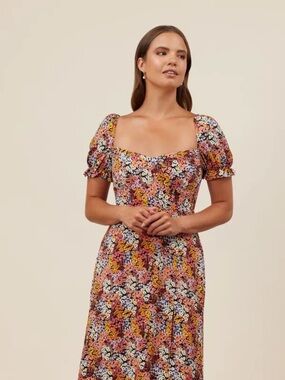 Park & Fifth Pink Sweetheart Floral Puff-Sleeve Midi Summer Party Dress M